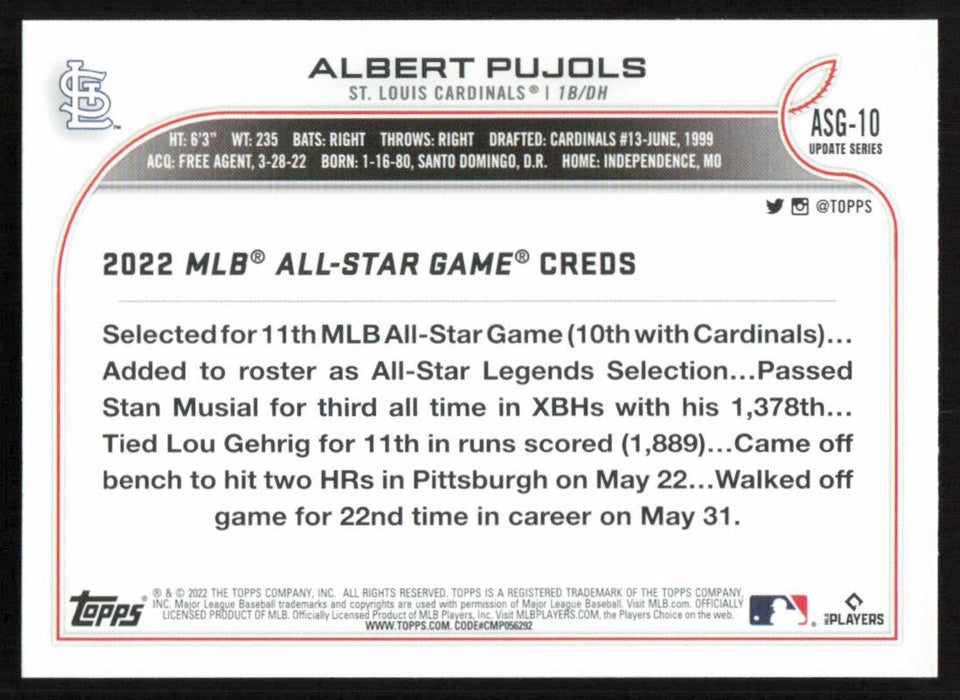 Albert Pujols 2022 Topps Update # ASG-10 All Star Game St. Louis Cardinals - Collectible Craze America