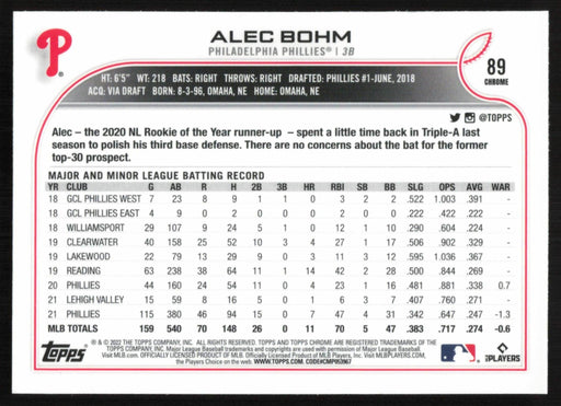 Alec Bohm 2022 Topps Chrome Baseball # 89 Philadelphia Phillies Base - Collectible Craze America