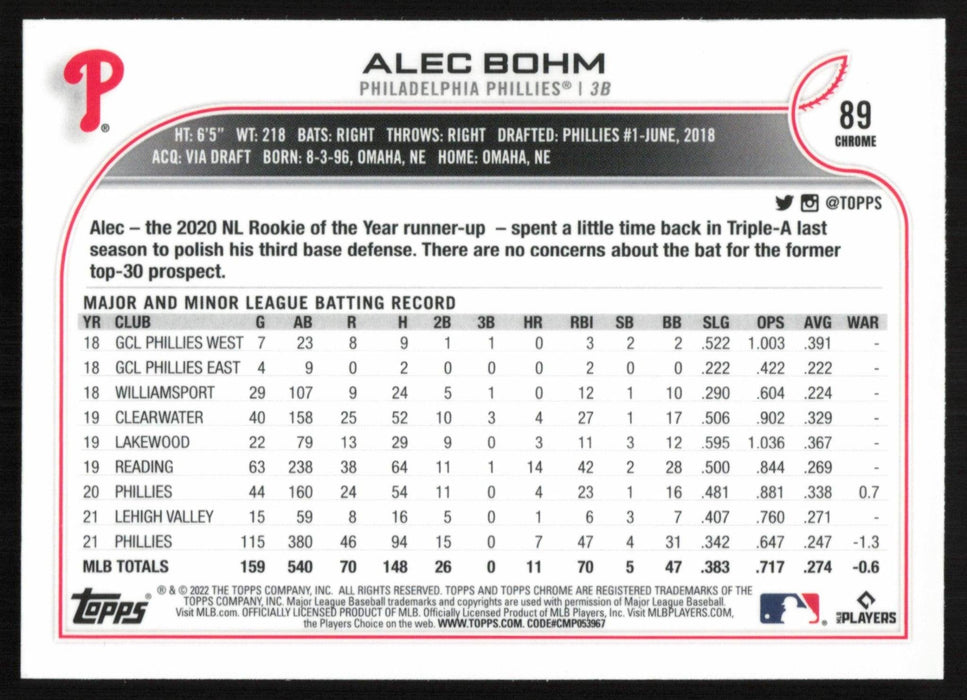 Alec Bohm 2022 Topps Chrome Baseball # 89 Philadelphia Phillies Base - Collectible Craze America