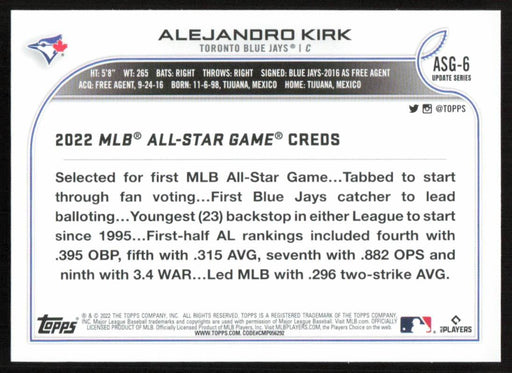 Alejandro Kirk 2022 Topps Update # ASG-6 All Star Game Toronto Blue Jays - Collectible Craze America