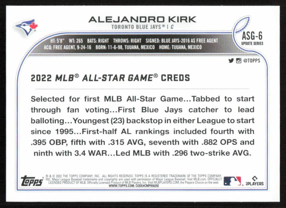 Alejandro Kirk 2022 Topps Update # ASG-6 All Star Game Toronto Blue Jays - Collectible Craze America