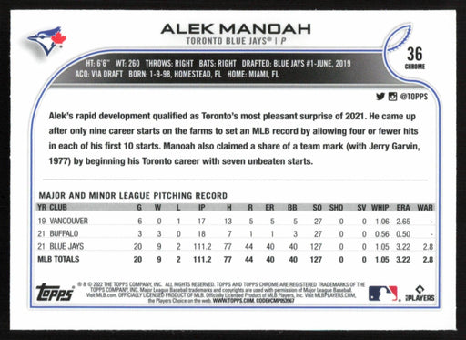 Alek Manoah 2022 Topps Chrome # 36 X-Fractor Toronto Blue Jays - Collectible Craze America