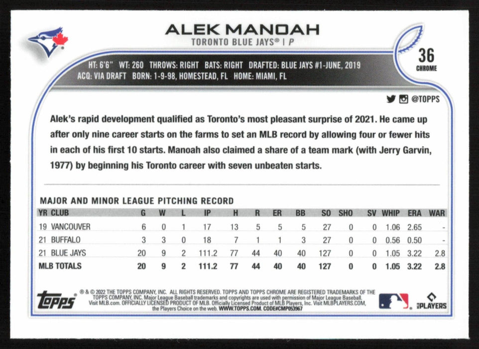 Alek Manoah 2022 Topps Chrome # 36 X-Fractor Toronto Blue Jays - Collectible Craze America