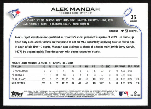 Alek Manoah 2022 Topps Chrome Baseball # 36 Refractor Toronto Blue Jays - Collectible Craze America