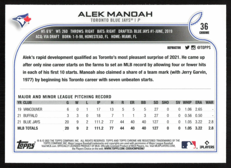 Alek Manoah 2022 Topps Chrome Baseball # 36 Refractor Toronto Blue Jays - Collectible Craze America