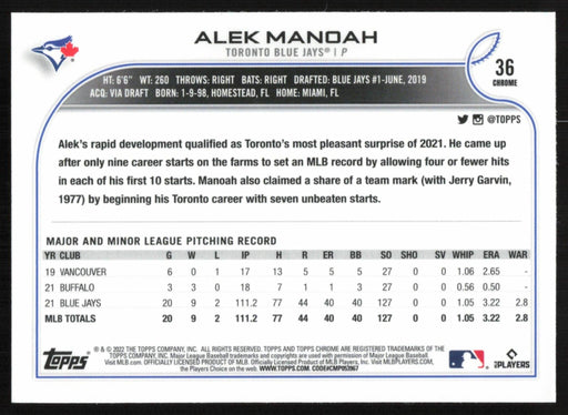 Alek Manoah 2022 Topps Chrome Baseball # 36 Toronto Blue Jays Base - Collectible Craze America