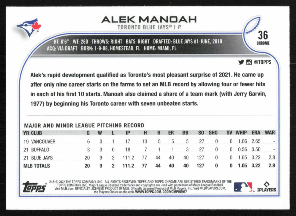 Alek Manoah 2022 Topps Chrome Baseball # 36 Toronto Blue Jays Base - Collectible Craze America