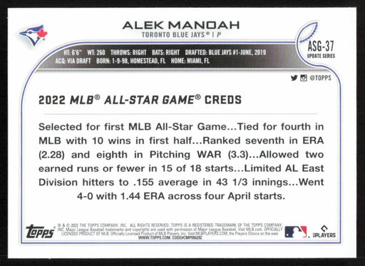 Alek Manoah 2022 Topps Update # ASG-37 All Star Game Toronto Blue Jays - Collectible Craze America
