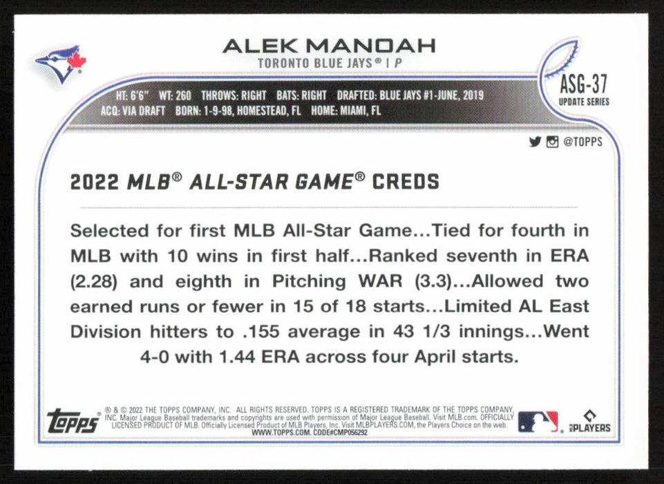 Alek Manoah 2022 Topps Update # ASG-37 All Star Game Toronto Blue Jays —  Collectible Craze America