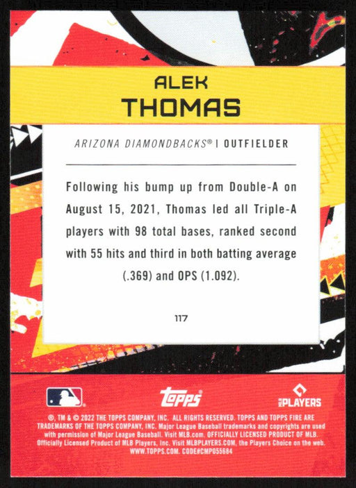 Alek Thomas 2022 Topps Fire Baseball # 117 RC Arizona Diamondbacks Base - Collectible Craze America