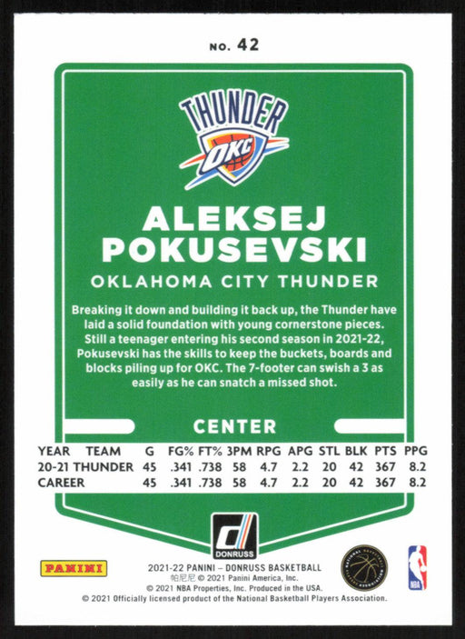 Aleksej Pokusevski 2021 Donruss # 42 Orange Holo Laser Oklahoma City Thunder - Collectible Craze America