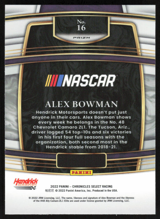 Alex Bowman 2022 Panini Chronicles Racing Select # 16 Silver Prizm - Collectible Craze America