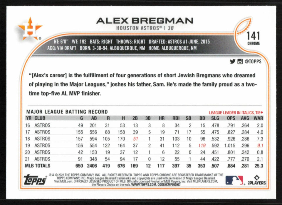 Alex Bregman 2022 Topps Chrome # 141 Houston Astros - Base - Collectible Craze America