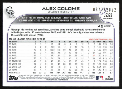 Alex Colome 2022 Topps Update # US325 Gold 0877/2022 Colorado Rockies - Collectible Craze America