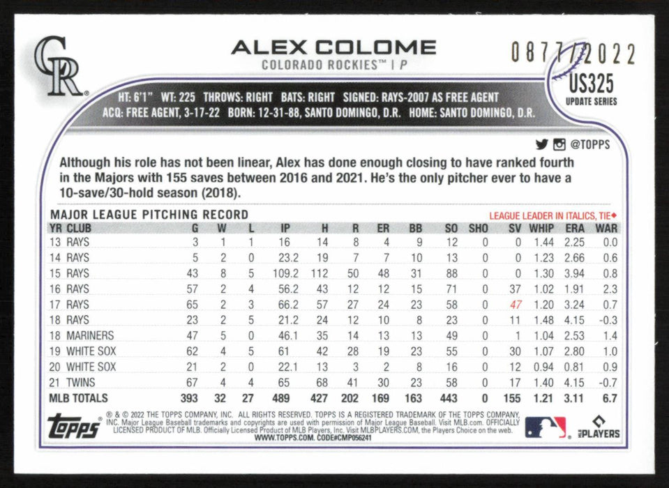 Alex Colome 2022 Topps Update # US325 Gold 0877/2022 Colorado Rockies - Collectible Craze America