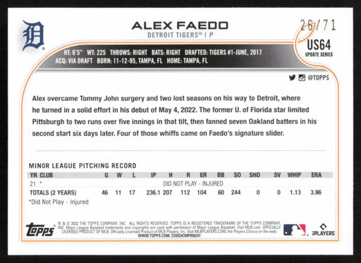 Alex Faedo 2022 Topps Update # US64 RC Black 26/71 Detroit Tigers - Collectible Craze America