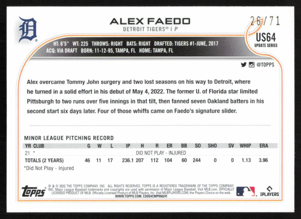Alex Faedo 2022 Topps Update # US64 RC Black 26/71 Detroit Tigers - Collectible Craze America