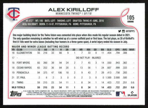 Alex Kirilloff 2022 Topps Chrome Baseball # 105 Minnesota Twins Base - Collectible Craze America