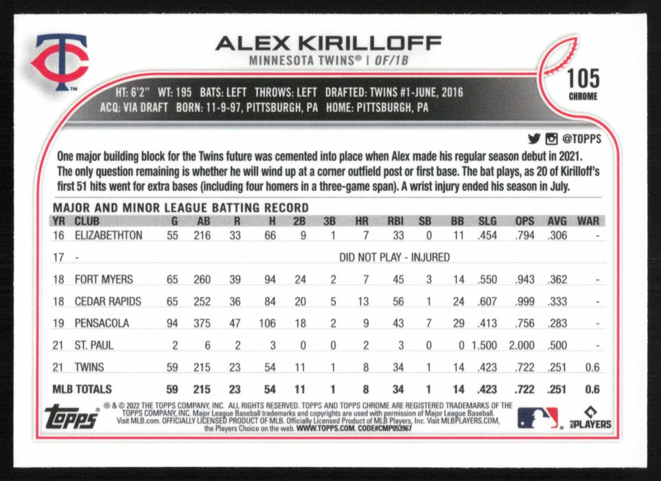 Alex Kirilloff 2022 Topps Chrome Baseball # 105 Minnesota Twins Base - Collectible Craze America