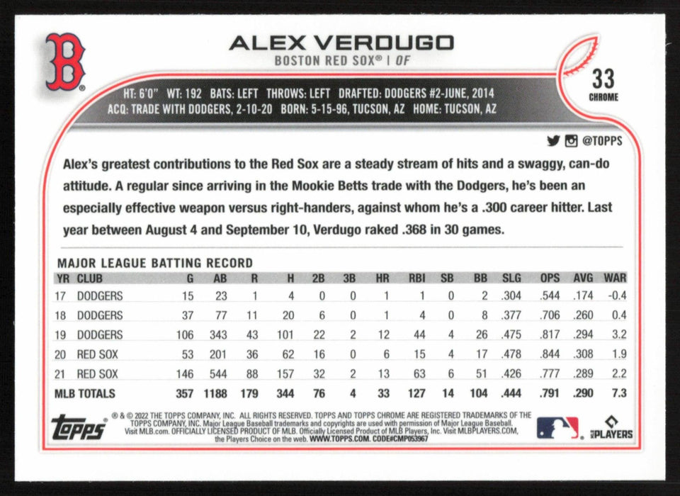 Alex Verdugo 2022 Topps Chrome # 33 X-Fractor Boston Red Sox - Collectible Craze America
