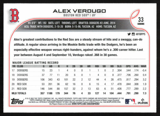 Alex Verdugo 2022 Topps Chrome Baseball # 33 Boston Red Sox Base - Collectible Craze America