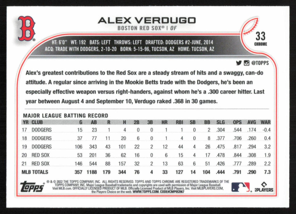 Alex Verdugo 2022 Topps Chrome Baseball # 33 Boston Red Sox Base - Collectible Craze America