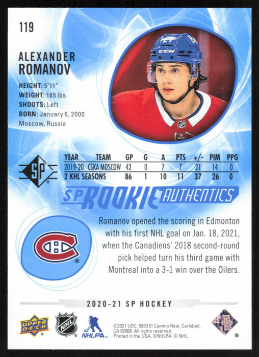 Alexander Romanov 2020 SP Hockey Rookie Autentics # 119 RC Blue Montreal Canadiens - Collectible Craze America