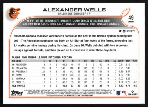 Alexander Wells 2022 Topps Chrome # 49 RC Black & White Mini Diamond Baltimore Orioles - Collectible Craze America