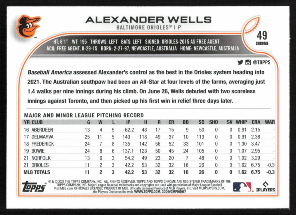 Alexander Wells 2022 Topps Chrome # 49 RC Black & White Mini Diamond Baltimore Orioles - Collectible Craze America
