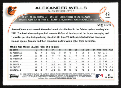 Alexander Wells 2022 Topps Chrome # 49 RC Pink Refractor Baltimore Orioles - Collectible Craze America