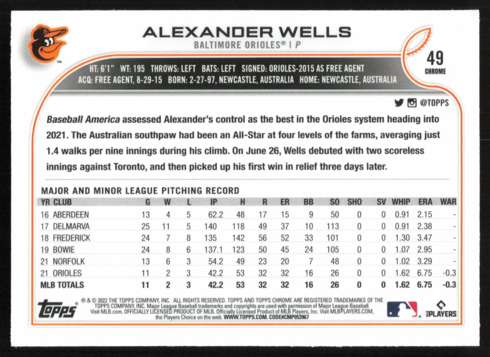 Alexander Wells 2022 Topps Chrome # 49 RC Pink Refractor Baltimore Orioles - Collectible Craze America