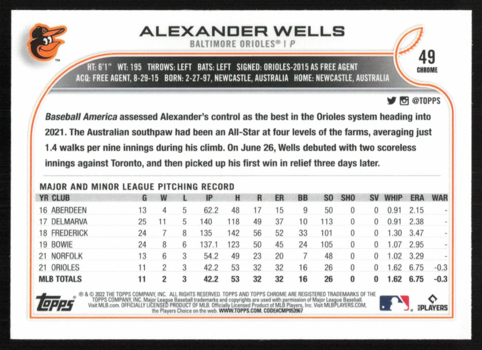 Alexander Wells 2022 Topps Chrome Baseball # 49 RC Baltimore Orioles Base - Collectible Craze America