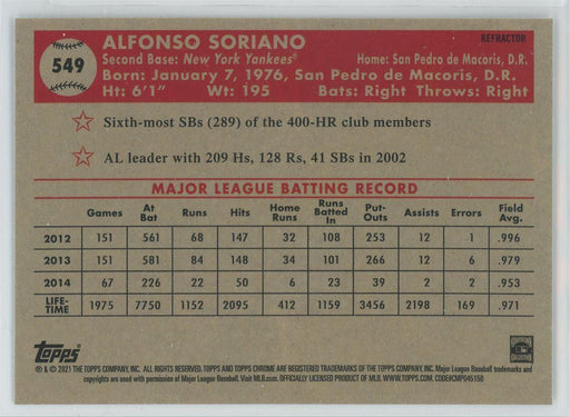 Alfonso Soriano 2021 Topps Chrome Platinum Anniversary # 549 Refractor New York Yankees - Collectible Craze America