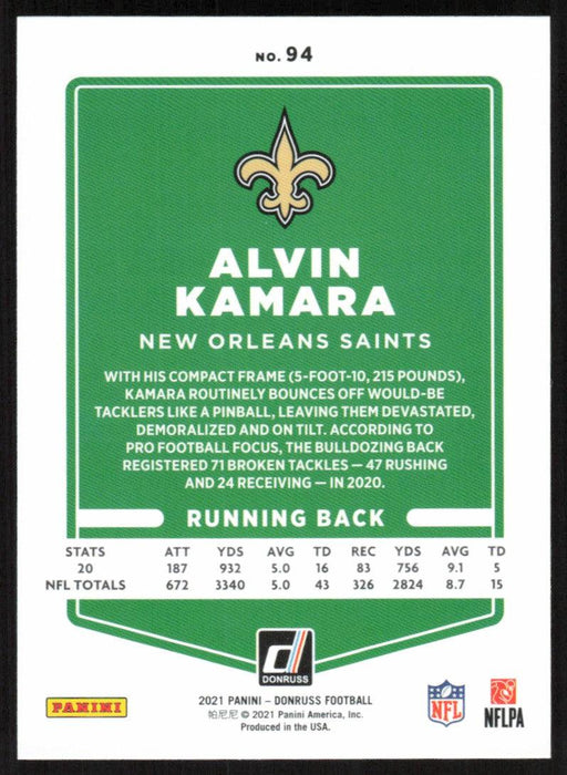 Alvin Kamara 2021 Donruss Football # 94 New Orleans Saints Image Variation Base - Collectible Craze America