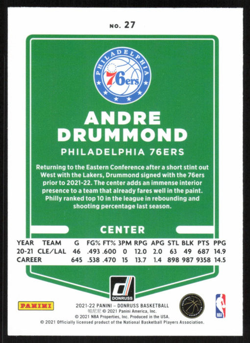 Andre Drummond 2021 Donruss # 27 Orange Holo Laser Philadelphia 76ers - Collectible Craze America