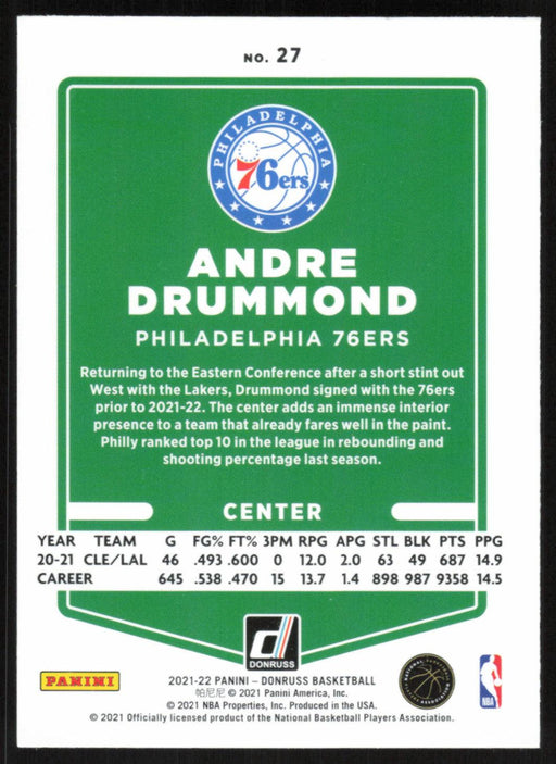 Andre Drummond 2021 Donruss # 27 Orange Holo Laser Philadelphia 76ers - Collectible Craze America