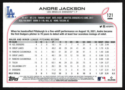 Andre Jackson 2022 Topps Chrome Baseball # 121 RC Los Angeles Dodgers Base - Collectible Craze America
