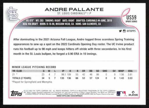 Andre Pallante 2022 Topps Update Rainbow Foil # US59 RC St. Louis Cardinals - Collectible Craze America