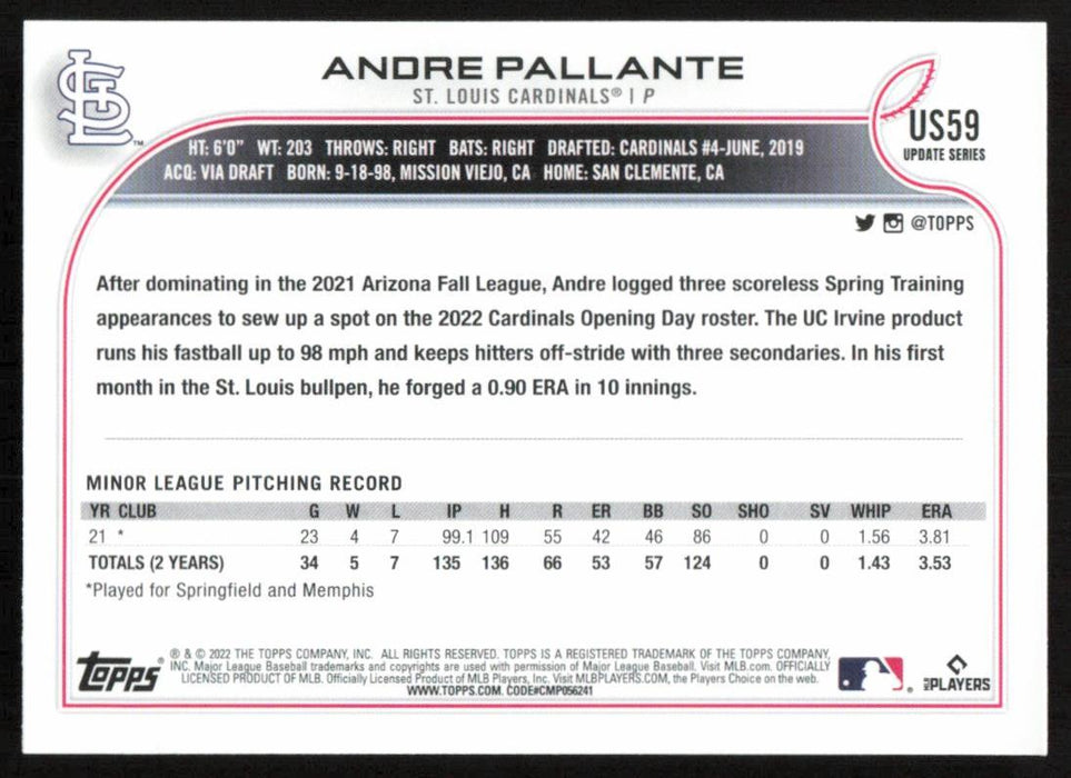 Andre Pallante 2022 Topps Update Rainbow Foil # US59 RC St. Louis Cardinals - Collectible Craze America