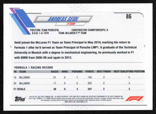 Andreas Seidl 2021 Topps Chrome Formula 1 # 86 McLaren F1 Team - Collectible Craze America