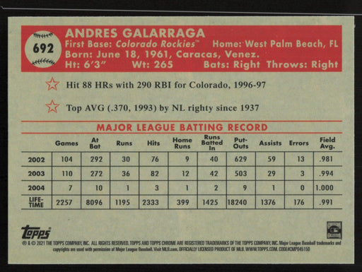 Andres Galarraga 2021 Topps Chrome Platinum Anniversary # 692 Colorado Rockies - Collectible Craze America