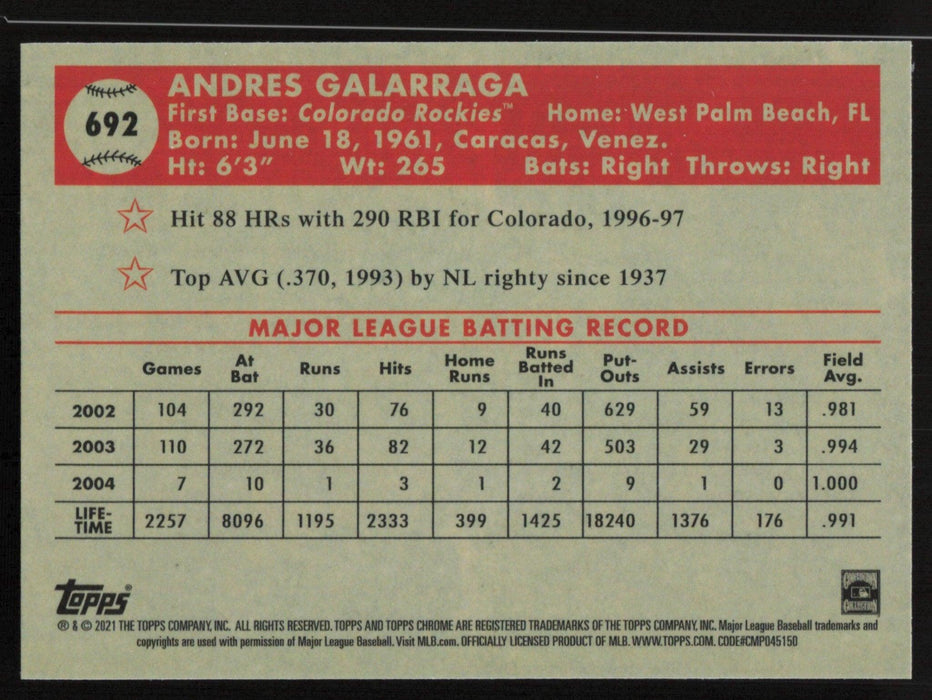 Andres Galarraga 2021 Topps Chrome Platinum Anniversary # 692 Colorado Rockies - Collectible Craze America