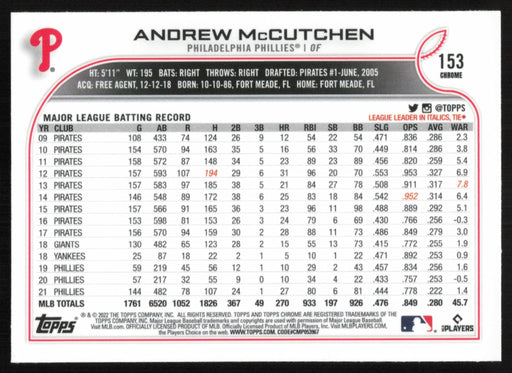 Andrew McCutchen 2022 Topps Chrome Baseball # 153 Philadelphia Phillies Base - Collectible Craze America