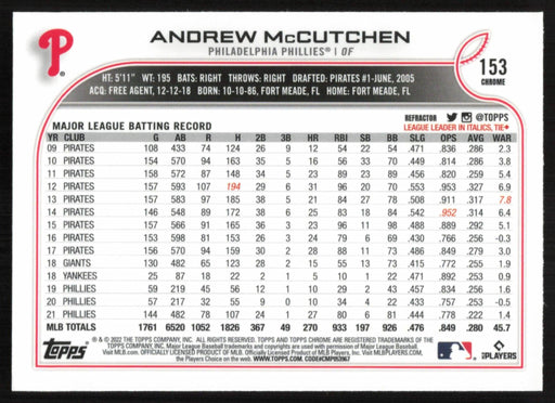 Andrew McCutchen 2022 Topps Chrome Baseball # 153 Refractor Philadelphia Phillies - Collectible Craze America