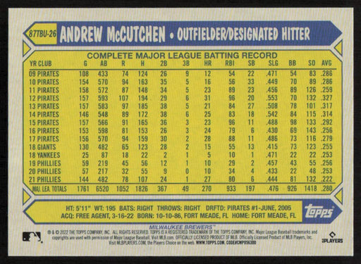 Andrew McCutchen 2022 Topps Update 1987 Topps # 87TBU-26 Philadelphia Phillies - Collectible Craze America