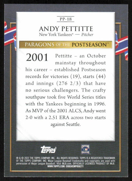 Andy Pettitte 2022 Topps Update Paragons of the Postseason # PP-18 New York Yankees - Collectible Craze America
