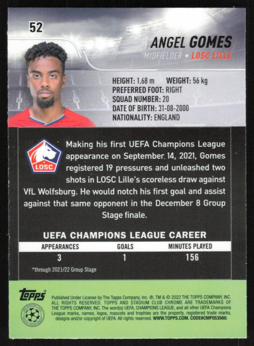 Angel Gomes 2021 Topps Stadium Club Chrome UEFA # 52 RC Blue Prism Refractor LOSC Lille - Collectible Craze America