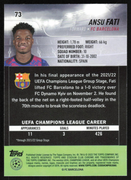 Ansu Fati 2021 Topps Stadium Club Chrome UEFA Champions League # 73 FC Barcelona Base - Collectible Craze America