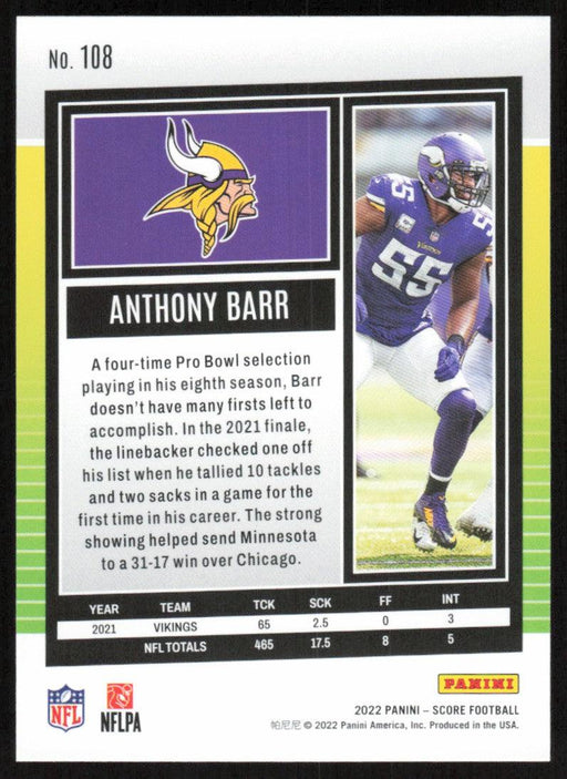 Anthony Barr 2022 Panini Score Football # 108 Base Minnesota Vikings - Collectible Craze America