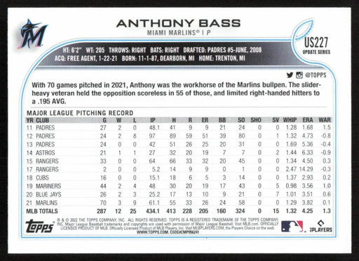 Anthony Bass 2022 Topps Update Rainbow Foil # US227 Miami Marlins - Collectible Craze America
